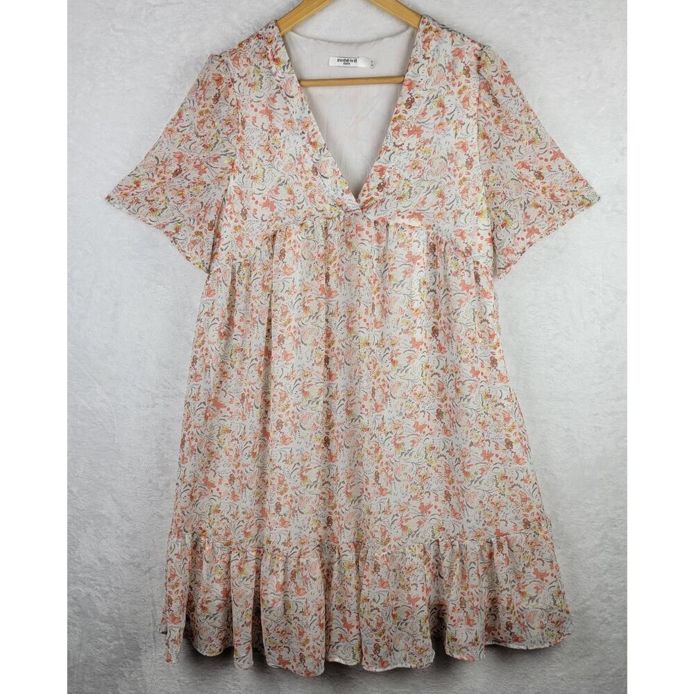 Boho Fairy L Dress Babydoll Midi Short Sleeve Pullover Zip Line Floral
